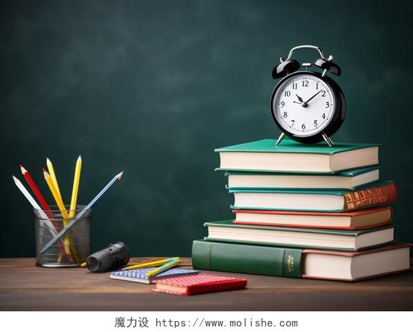 黑板前的文具书本闹钟笔筒开学季学习世界读书日